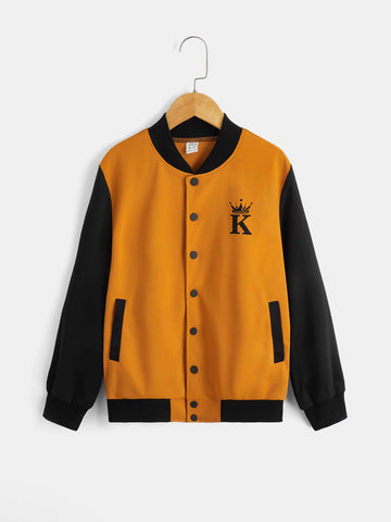 Boys Crown & Letter Graphic Two Tone Varsity Jacket