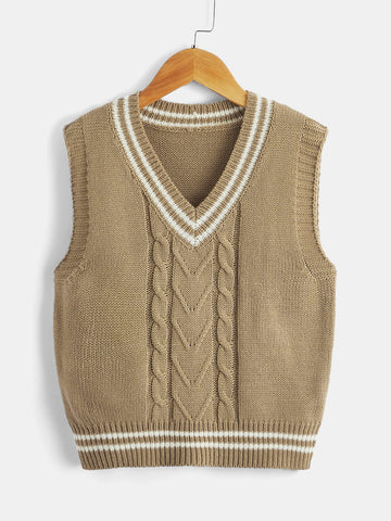 Tween Boy Cable Knit Striped Trim Sweater Vest