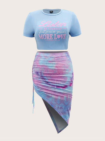 Plus Slogan Graphic Tee & Tie Dye Drawstring Side Asymmetrical Hem Skirt