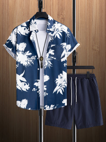 Men Floral Print Shirt & Drawstring Waist Shorts Without Tee