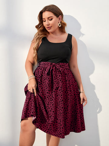 Plus Dot Print Two Tone Belted Dress