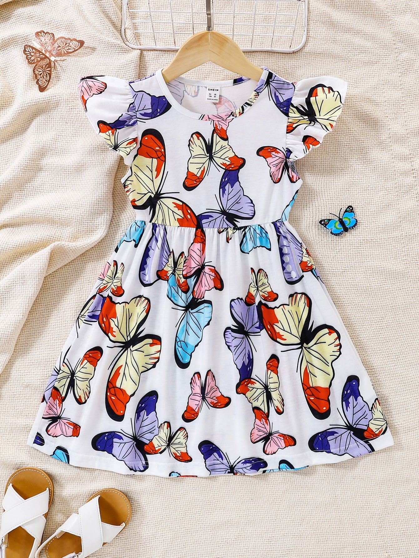 Toddler Girls Butterfly Print Ruffle Trim Dress