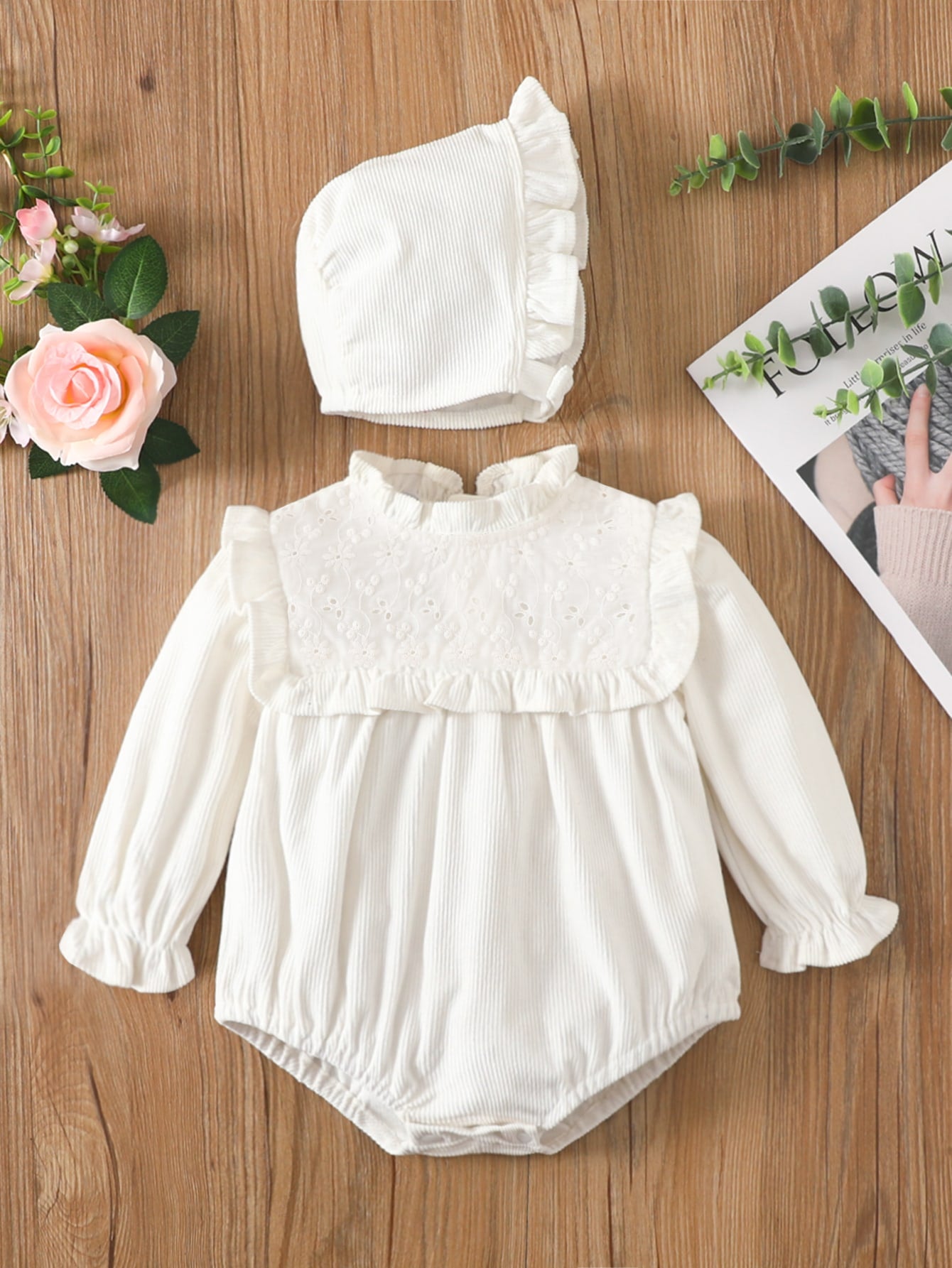 Baby Eyelet Embroidery Rib Knit Frill Trim Flounce Sleeve Bodysuit With Hat