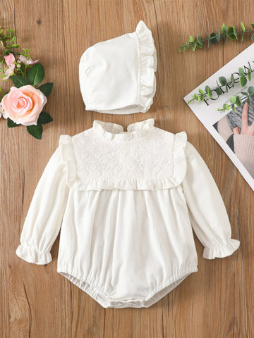 Baby Girl Eyelet Embroidery Rib Knit Frill Trim Flounce Sleeve Bodysuit With Hat