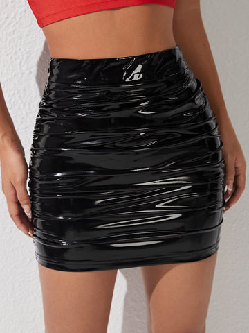 Ruched Side PU Leather Bodycon Skirt