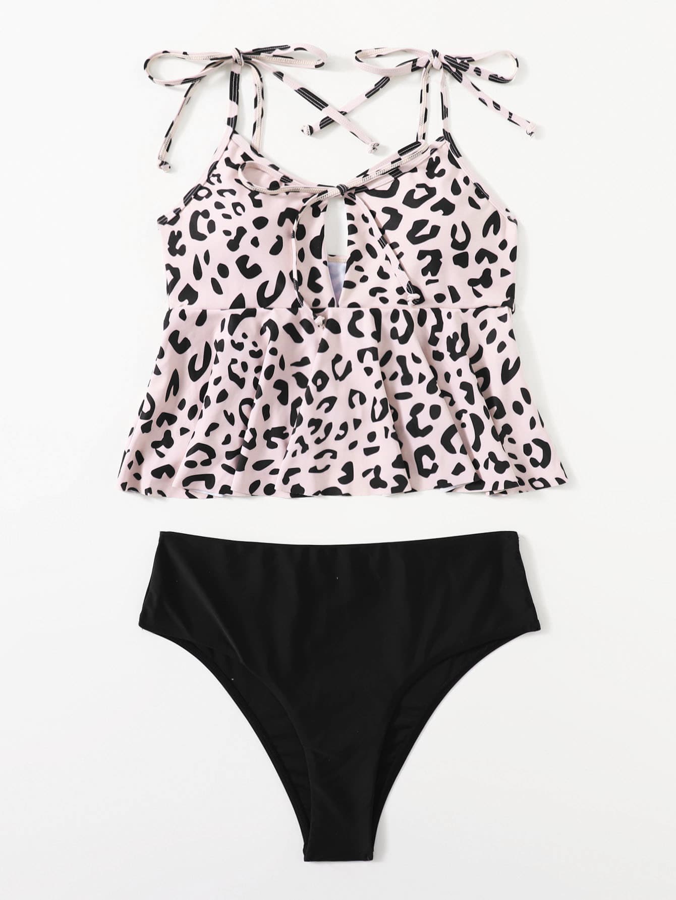 Leopard Print Ruffle Hem Bikini Swimsuit