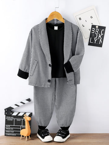 Young Boy Houndstooth Print Shawl Collar Blazer & Pants Without Tee