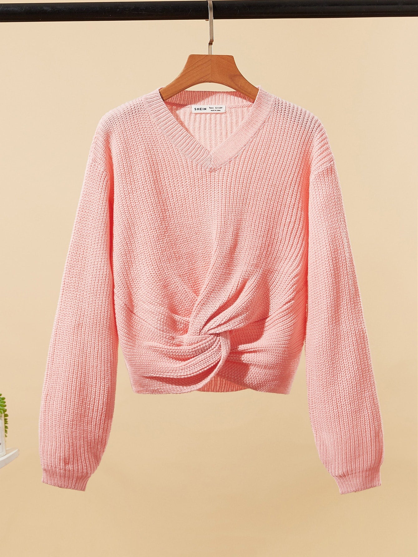 Teen Girls Solid Twist Front Drop Shoulder Sweater