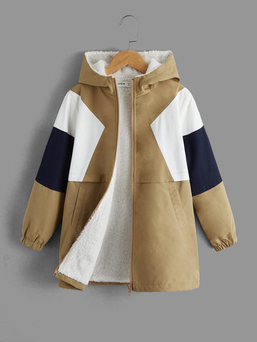 Boys Color Block Teddy Lined Hooded Coat