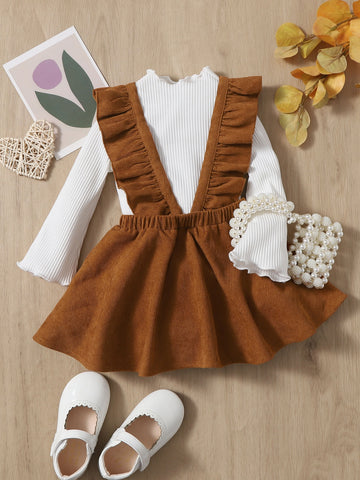Baby Girl Lettuce Trim Tee & Ruffle Trim Suspender Skirt