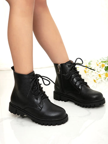 1pair Girls' Comfy Textured Strap Flat Fashion Boots