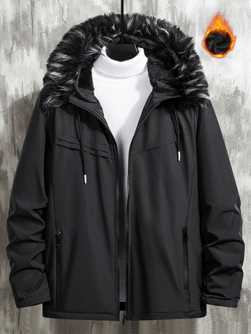 Men 1pc Drawstring Fuzzy Trim Hooded Thermal Lined Winter Coat