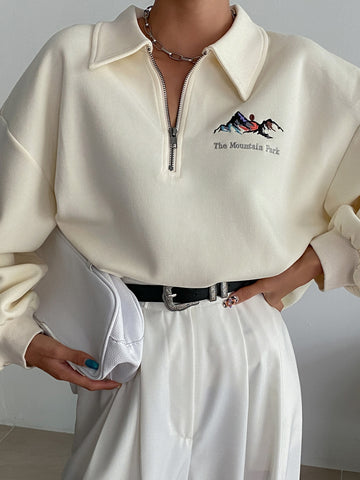 Slogan & Mountain Embroidery Half Zipper Sweatshirt