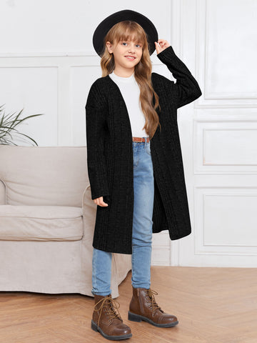 Tween Girl Solid Color Elegant Open Front Long Sleeve Coat With Drop Shoulder Design