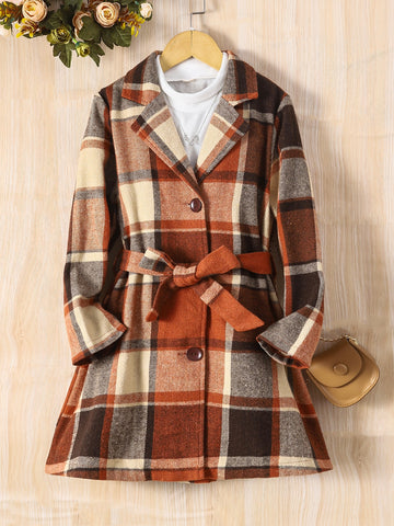 Girls 1pc Plaid Single Breasted Belted Coat