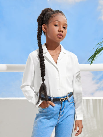 Tween Girl Casual Woven Long Sleeve Solid Color Shirt With Notched Collar