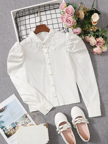 Tween Girl Contrast Guipure Lace Puff Sleeve Blouse