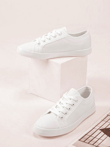 Women's Spring & Autumn Round Toe Lace-up Solid Color Canvas Shoes, Fashionable & Versatile White Sneakers