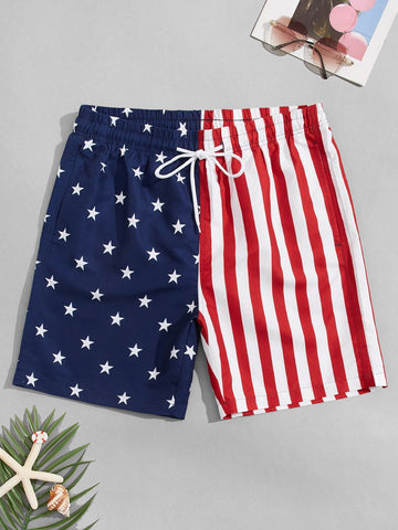 Men American Flag Print Drawstring Waist Swim Trunks