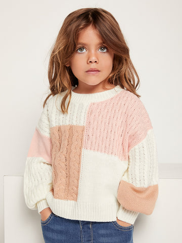 Young Girl Colorblock Cable Knit Drop Shoulder Sweater