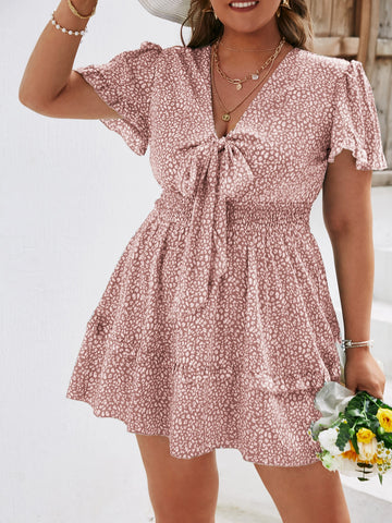 Plus Allover Print Knot Front Shirred Frill Trim Dress