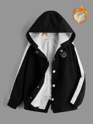 Boys Patched Detail Contrast Tape Teddy Lined Hooded Coat