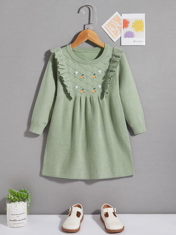 Young Girl Floral Embroidered Ruffle Trim Sweater Dress