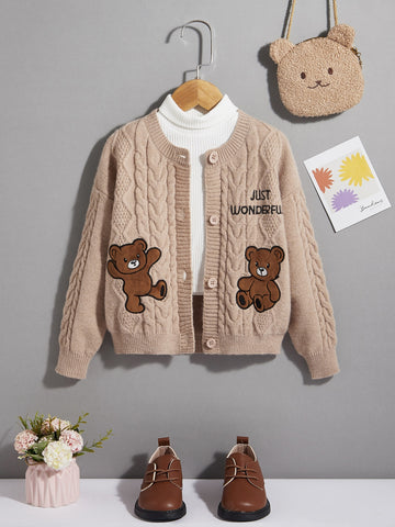 Young Girl 1pc Bear & Letter Embroidered Drop Shoulder Cable Knit Cardigan