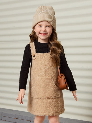 Young Girl Pocket Patched Teddy Overall Dress Without Top