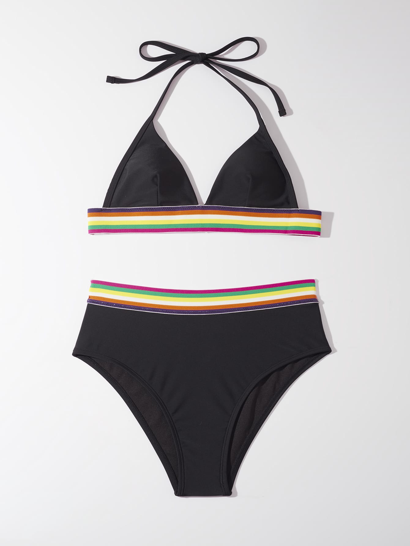 Stripe Tape Halter Triangle Bikini Swimsuit