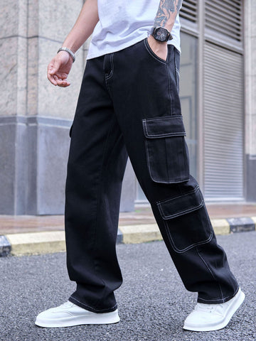 Men Top-stitching Flap Pocket Cargo Jeans