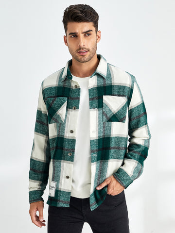 Loose Fit Men's Plaid Print Overcoat With Letter Patch And Double Pockets