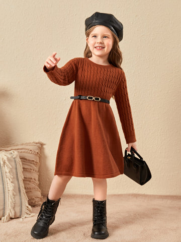 Young Girl Cable Knit Sweater Dress Without Belt