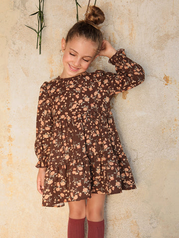 Young Girl Vintage Weaving Small Round Collar Dress With Floral Print And Ruffle Trim