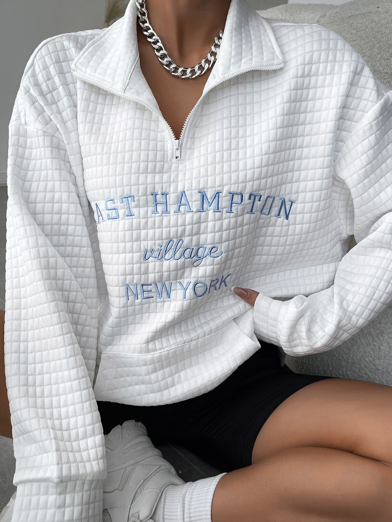 Letter Embroidery Half Zip Drop Shoulder Sweatshirt