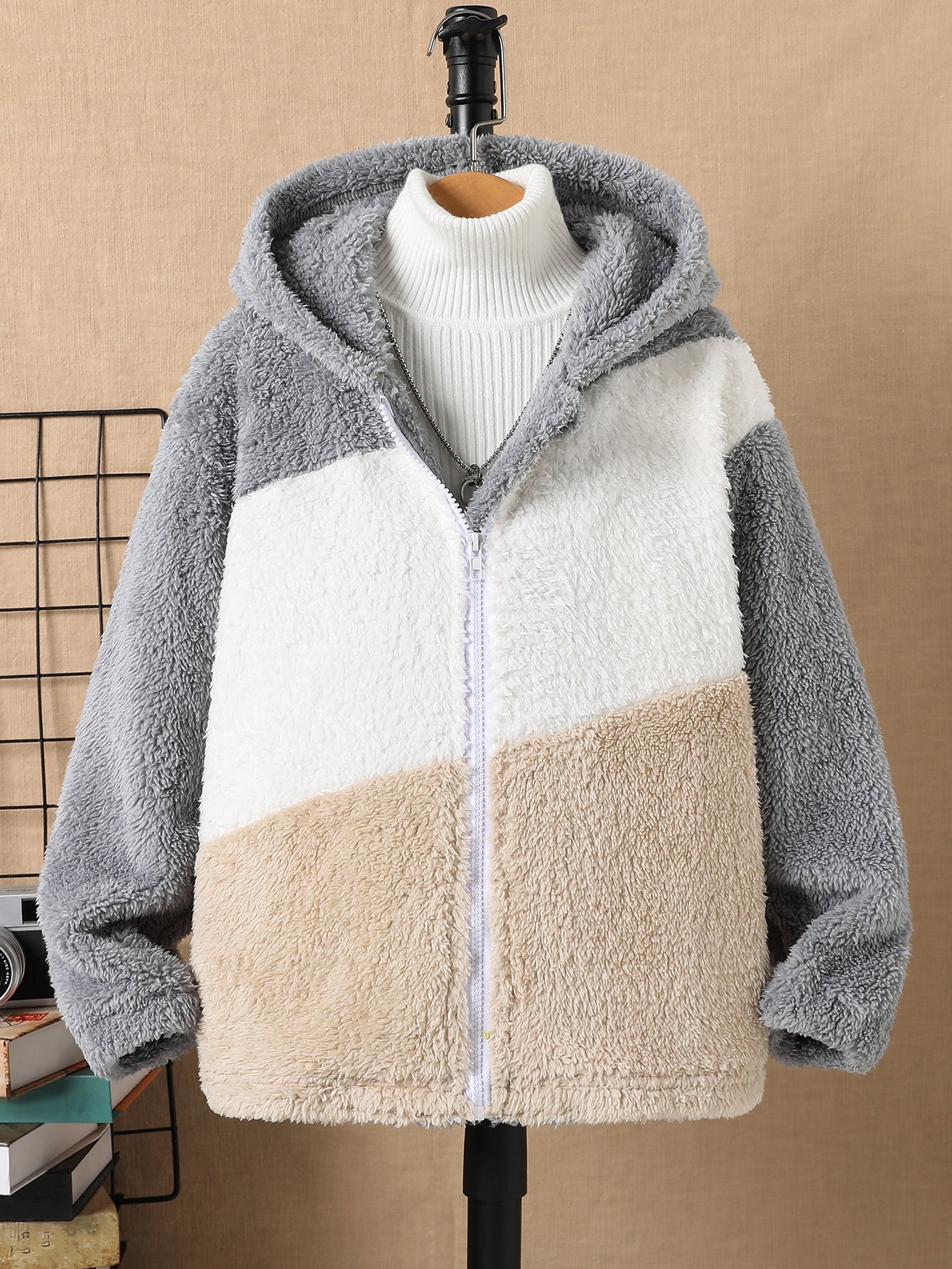 Boys Color Block Drop Shoulder Hooded Teddy Coat Without Sweater