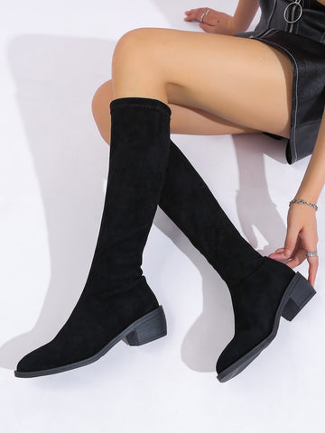 Minimalist Slip-On Suedette Sock Boots,Lady's Simple and Streamlined Black Suede Elastic Chunky Low-Heel and Short-Heel Knee-Length Boots