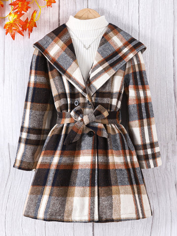 Girls Plaid Waterfall Collar Belted Coat