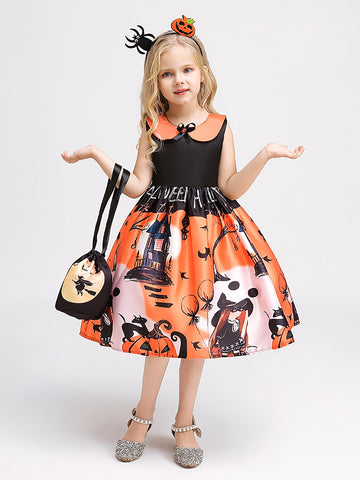 Little Girls Random Pattern Costume Satin Halloween Party Dress For Cosplay Party With Bags Without Hair Accessories Skirt