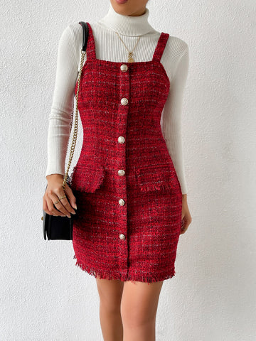 Button Front Raw Hem Tweed Overall Dress Without Sweater