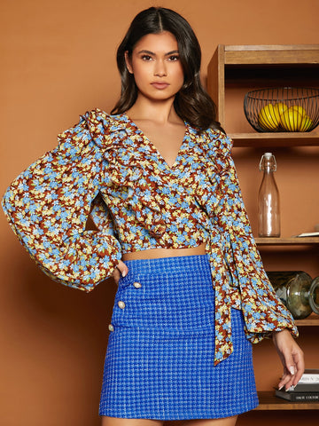 Allover Floral Print Lantern Sleeve Wrap Knot Side Crop Blouse