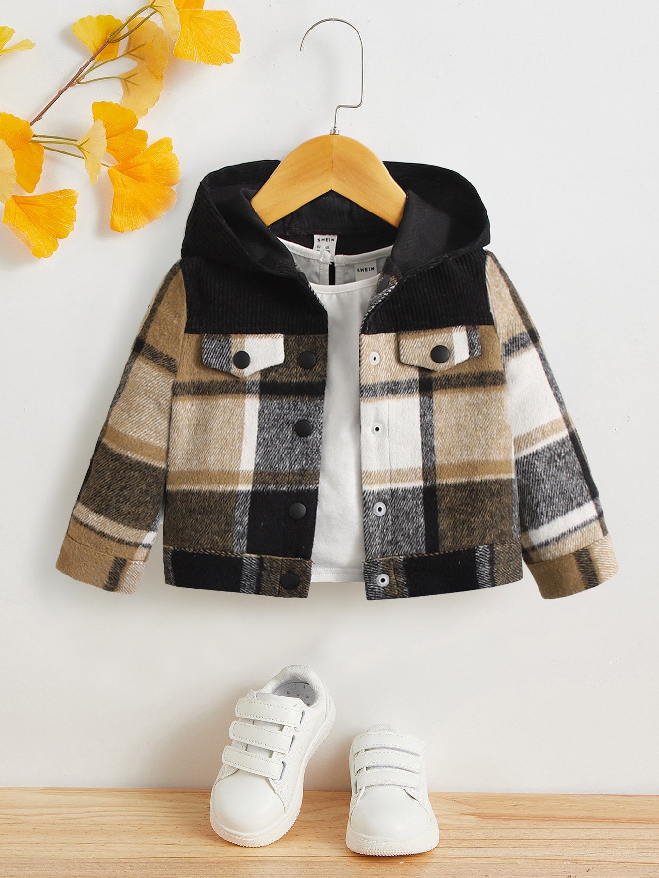 Baby 1pc Plaid Flap Detail Hooded Coat