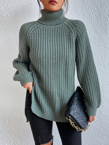 Turtleneck Raglan Sleeve Split Hem Sweater