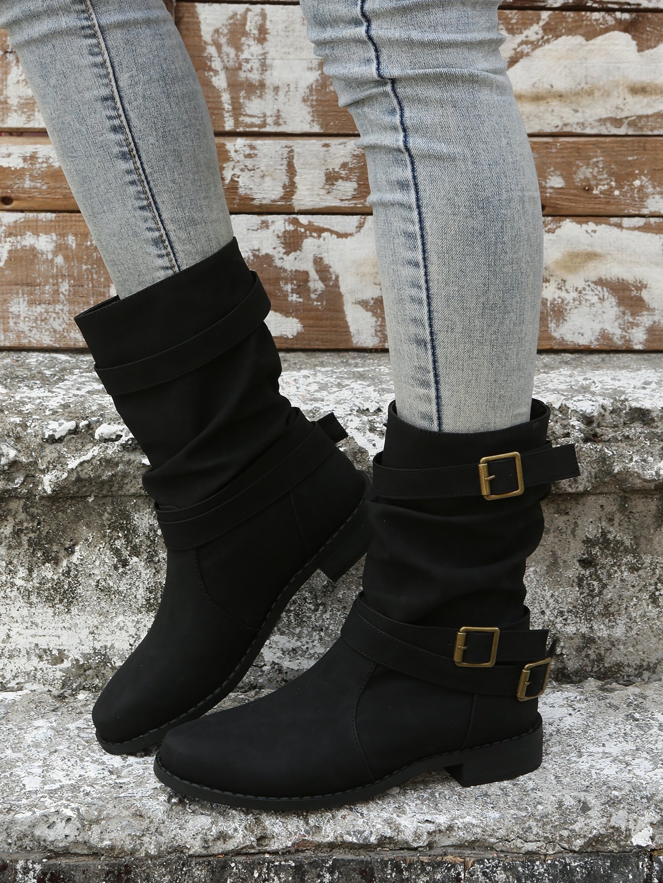 Black Elegant Solid Color Pleated Ankle Boots With Buckle Detail And Slip-on Design
