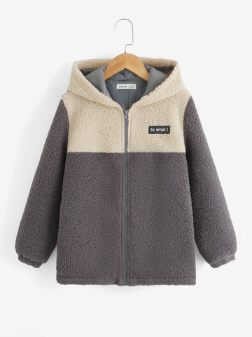 Boys Two Tone Letter Patched Detail Hooded Teddy Coat