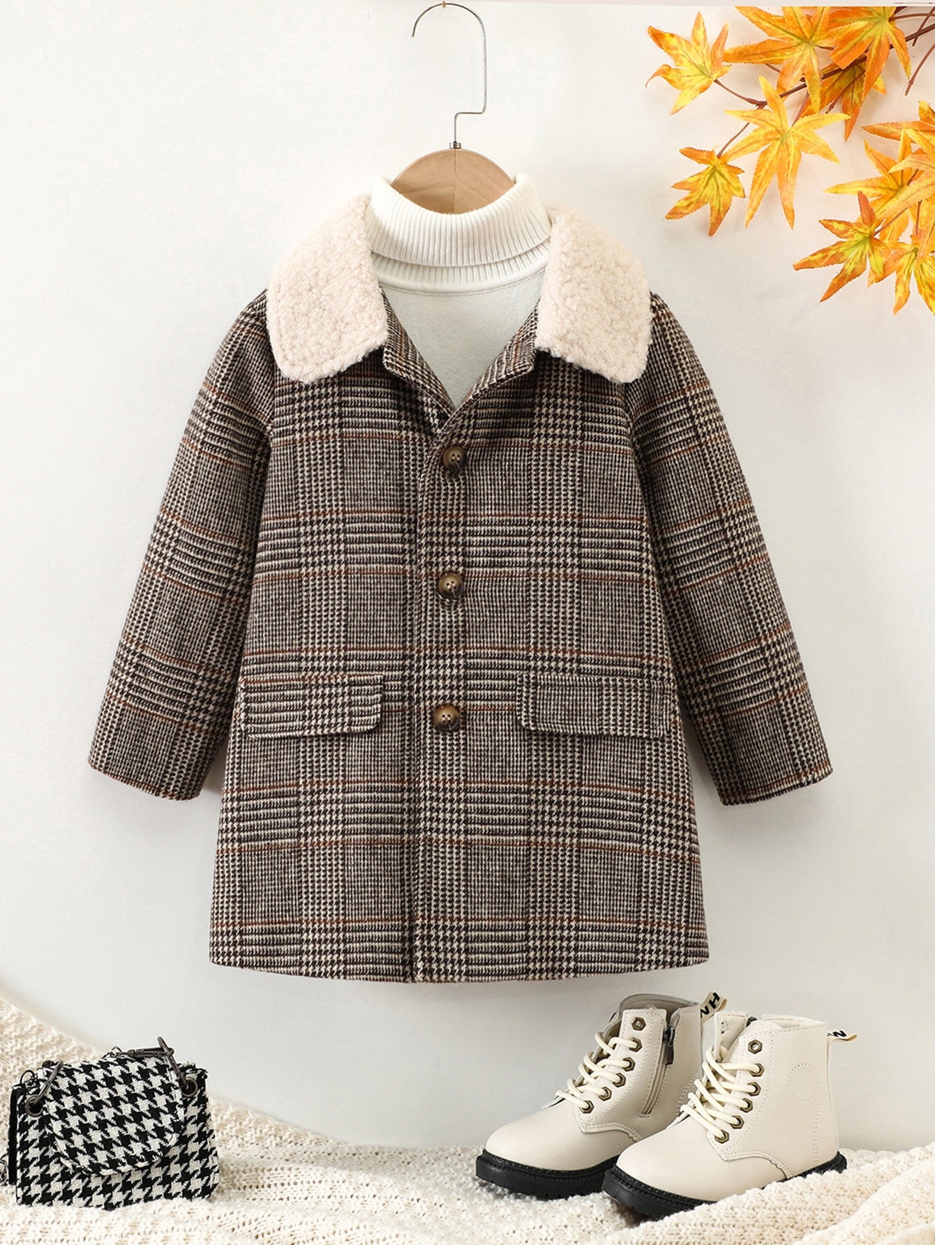 Toddler Girls Houndstooth Print Borg Collar Coat Without Sweater