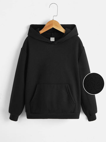 Tween Boy Kangaroo Pocket Loose Hooded Sweatshirt With Drop Shoulder Sleeve, Cute And Casual For Daily Wear In Spring And Autumn
