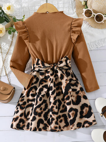 Young Girl Leopard Print Ruffle Trim Belted Dress