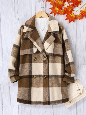Girls Plaid Lapel Neck Double Breasted Coat Without Sweater