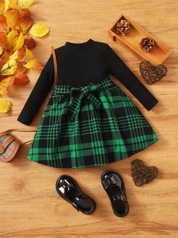 Baby Girl Plaid Printed Belted Dress, Comfortable, Cute And Sweet, Suitable For Summer